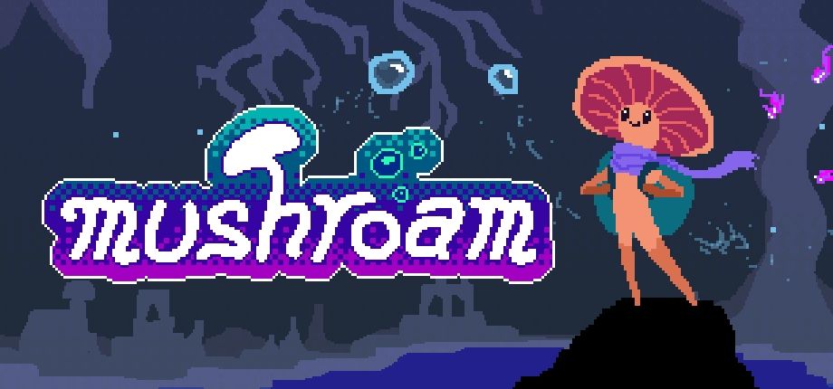 A cover image for the 2D puzzle platformer game, Mushroam, by SkyPyre Studios. The colourful logo sits next to a mushroom person. This person is called Mush and is the player character. They are orange with a purple scarf, and is carrying a turquoise backpack. They are ready for an adventure. Behind Mush is a large dark pixel art cavern depicting distant ruins and roots of the underground.