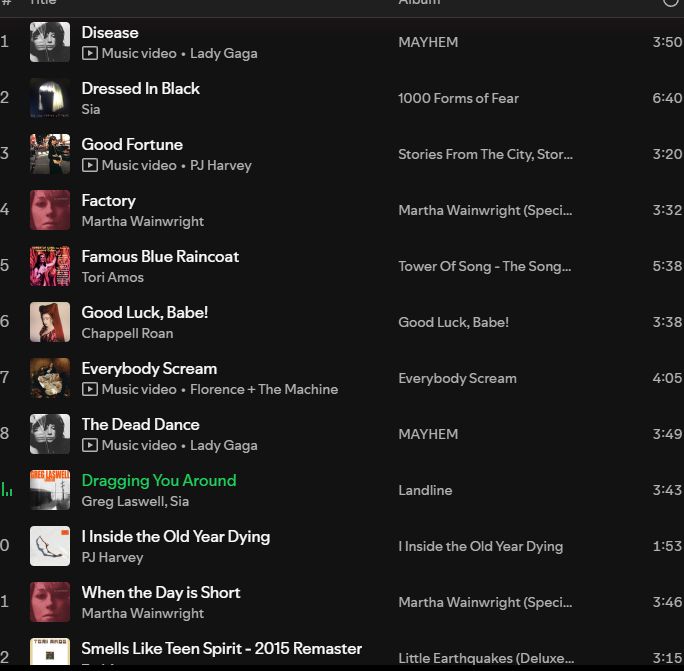 A random Spotify playlist featuring many songs about gun violence