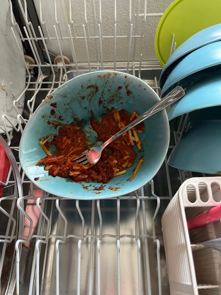 Ein türkiser tiefer Teller samt Saucenresten in der Spülmaschine.
Nur eben nicht eingeräumt, sondern einfach auf dem Spülkorb abgestellt - die Gabel liegt noch im Teller