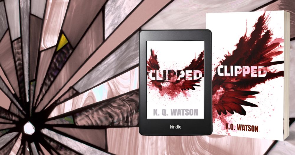 The covers for Clipped by KQ Watson against a stain glass window.