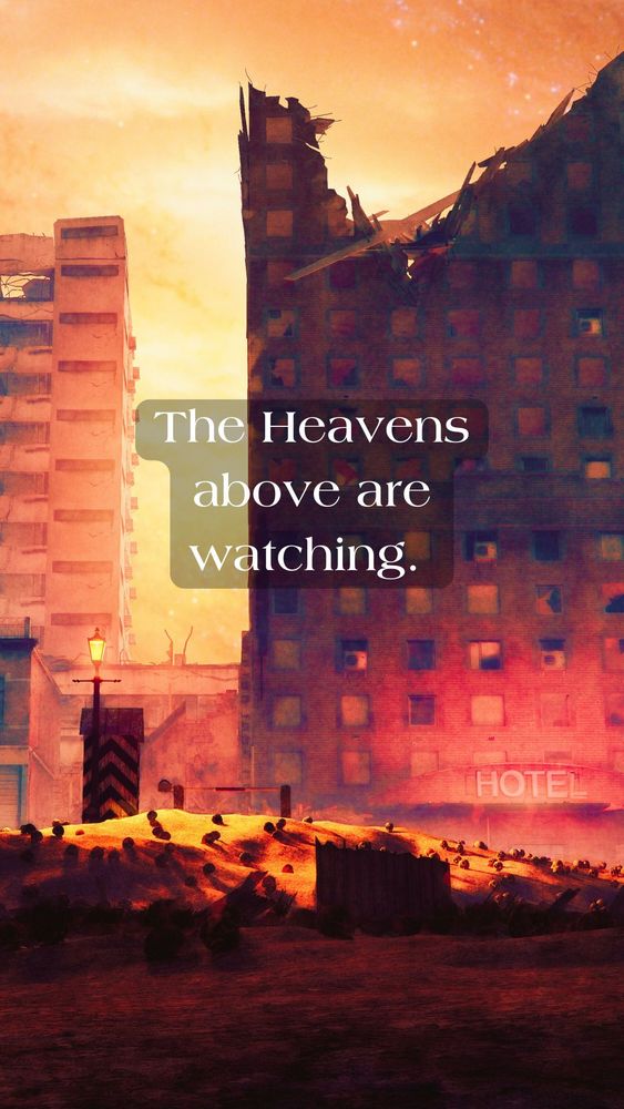 A stylized ruined cityscape in reds and oranges with the text The Heavens Above are Watching.