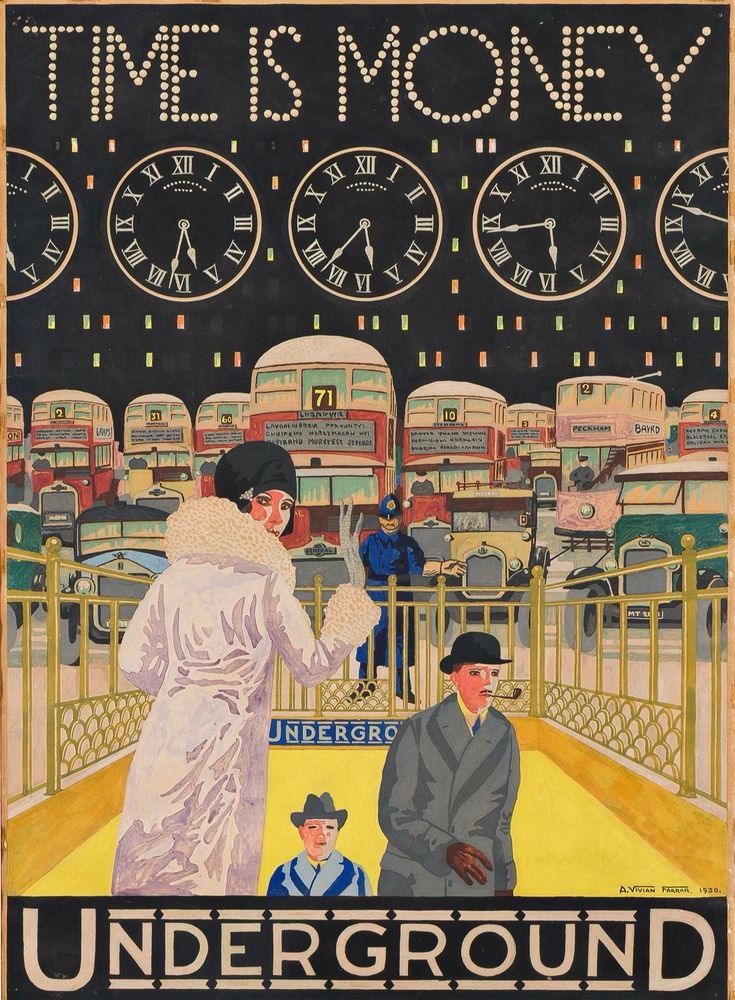 A deco-era poster advertising the new underground train system. Two men in suits are coming up the stairs while a fashionably dressed woman looking back over her shoulder heads down. Across the top are the words Time is Money in large letters. The background is a stack of looming cars and buses suggesting traffic jams. 