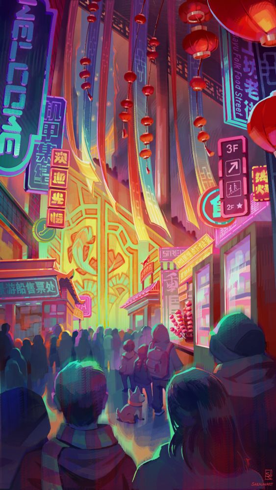 A vertical illustration of a very colorful and lively night market. A stairway ascends up to the left in the bg, with stalls and a crowd in the foreground. Illuminated signs, banners, and lanterns hang above.