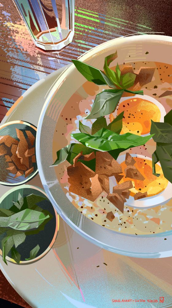 A painting of chao ga (chicken rice broth porridge) with a soft boiled egg garnished with crispy chicken skin and large leaf herbs. The painting’s colors are prismatic and shimmery, with light heavily reflecting on the wooden table the bowl sits on.