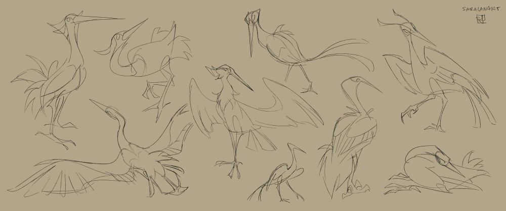 A page of 9 loose crane sketches, line only