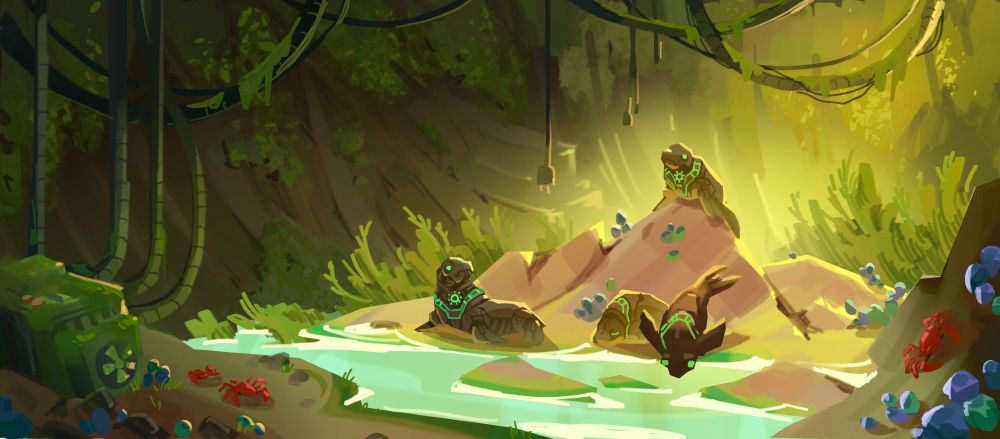 4 robot seals, with glowing lights on their chests and eyes, on a sandy outcrop, inside a cave of basalt pillars, clear waters surrounding them. Around the cave are power cords strung like vines, mosses, barnacles, and a few crabs crawling around. One seal is jumping into the water, one is sleeping, one is relaxing, and one is perched ontop of the tip of the outcrop. Light streams into the cave from the right, creating a kind of magical feeling in the otherwise dank cave.