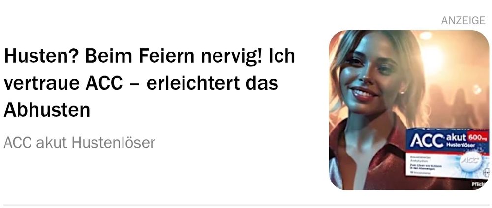 Werbebanner für ACC akut mit Bild einer jungen Frau auf der Tanzfläche und dem Text "Husten? Beim Feiern nervig! Ich vertraue ACC - erleichtert das Abhusten"