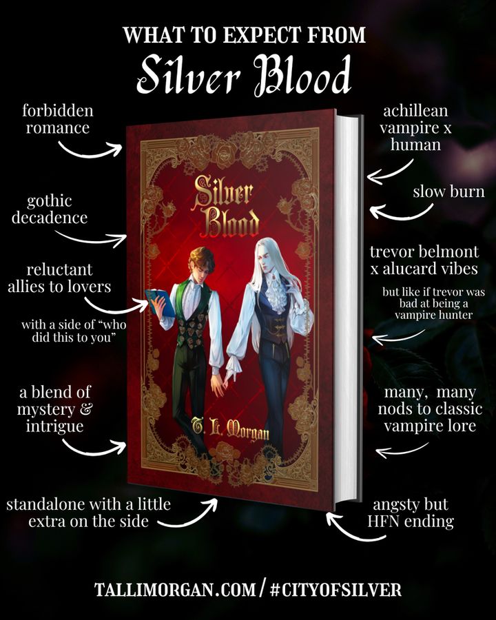 An arrow chart graphic for “silver blood” by TL Morgan. Surrounding an image of the book cover, text reads: What to expect from Silver Blood: forbidden romance; gothic decadence; reluctant allies to lovers with a side of “who did this to you”; a blend of mystery & intrigue; standalone with a little extra on the side; angsty but HFN ending; many, many nods to classic vampire lore; trevor belmont x alucard vibes (but like if trevor was bad at being a vampire hunter); slow burn; achillean vampire x human.