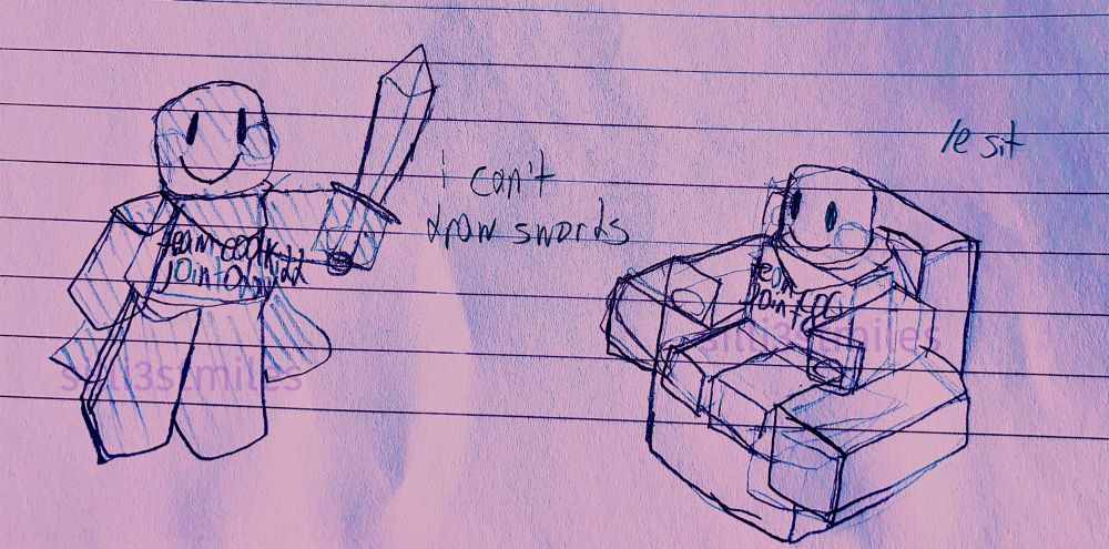 2 doodles of c00lkidd on lined paper. on the left he is standing holding a sword, next to this drawing is written "i can't draw swords". on the right he is sitting in a chair. this drawing is captioned "/e sit"