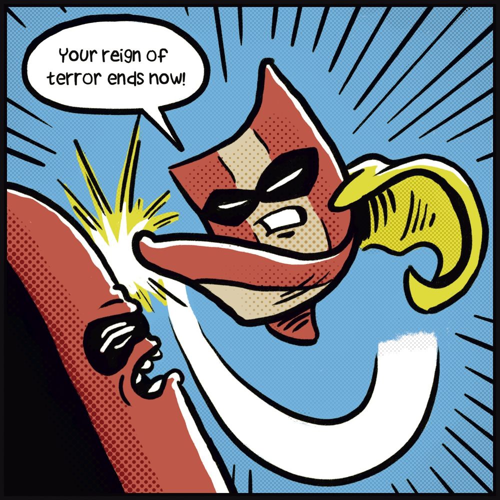 Bacon Lad delivering an aerial kick to the Sinister Sausage's face