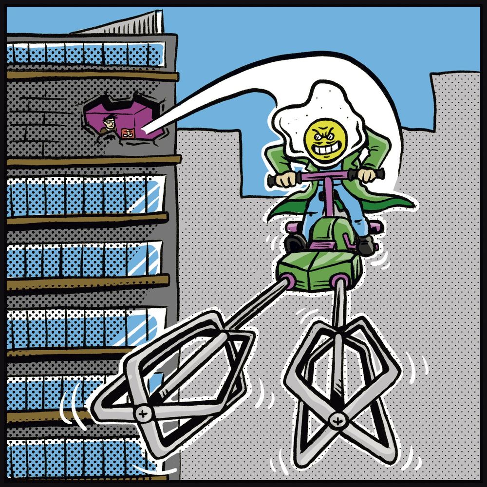 The Evil Egg riding away on his flying egg beater