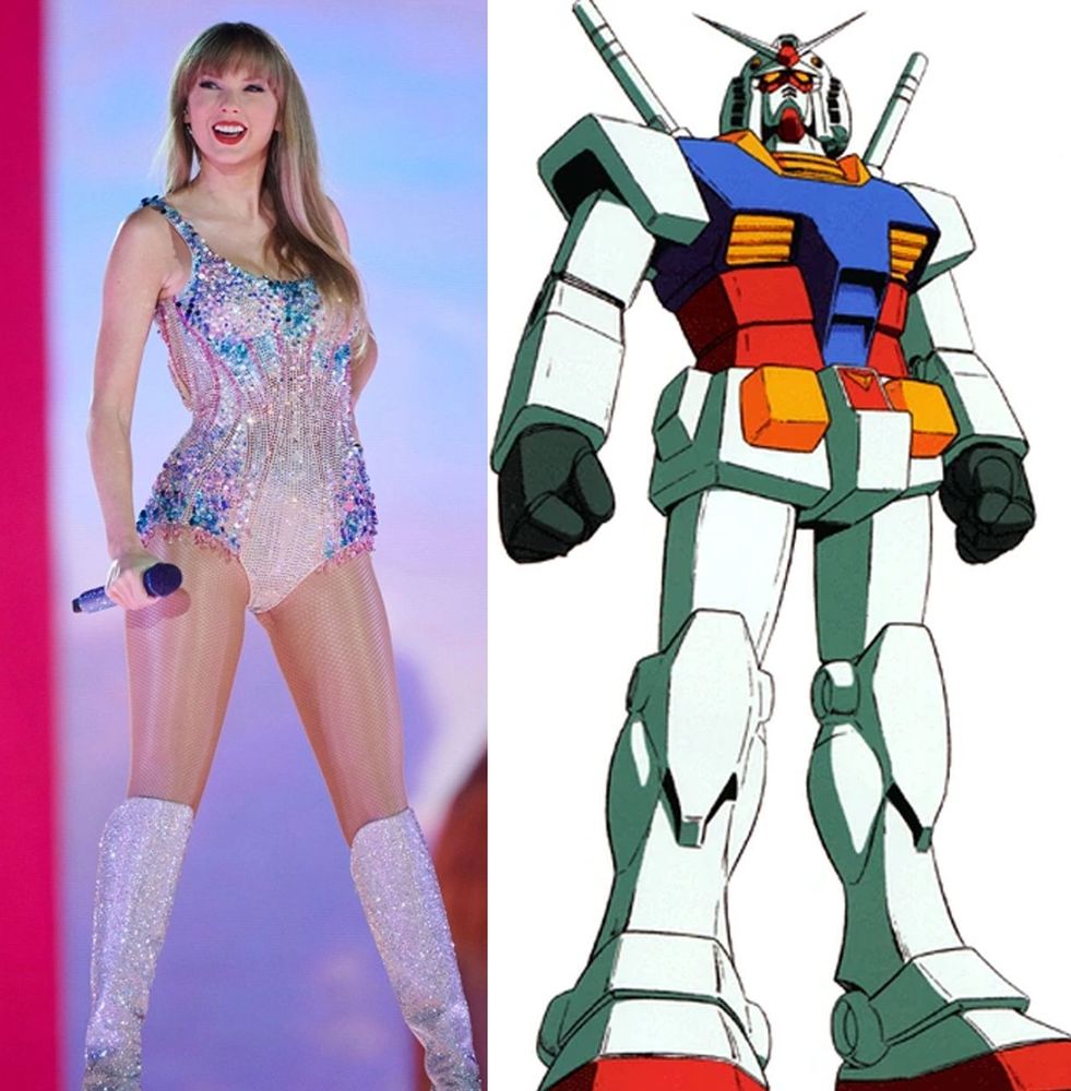Taylor Swift from her Eras tour in the Cruel Summer outfit.

it's a sparkly leotart with pink and blue shimmering jewels outfit and she's wearing knee high sparkly boots.

she's standing with her arms down, smiling to her right, and is looking in the zone, happy, and powerful

she's next to a picture of a gundam, in the exact same pose
