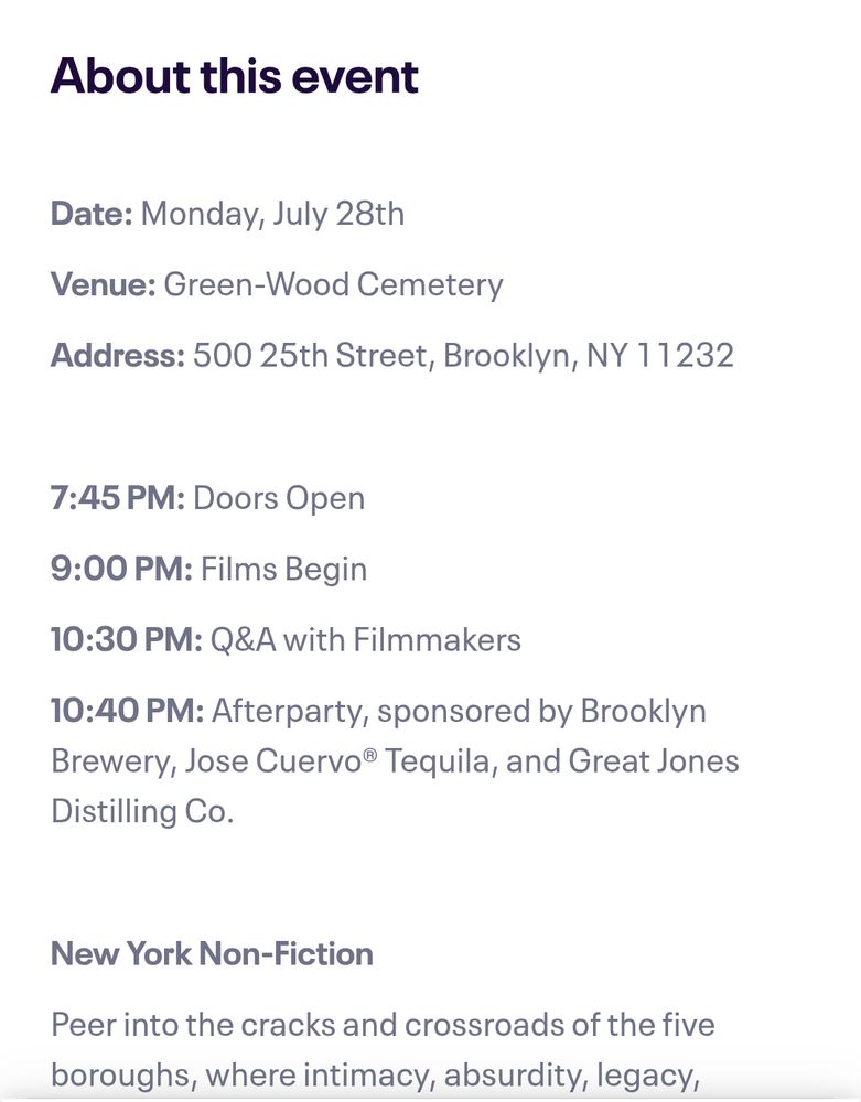 An event listing for a film screening and after party in Green-wood cemetery 