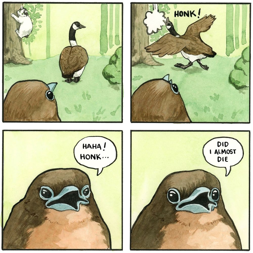 Fledgling looks on as its saviour walks away. We see the same white and black cat from earlier descending a tree trunk. The goose lets out a big 'HONK!' and the cat disappears in a cloud of smoke. Fledgling, bemused, says "Haha! Honk..." and then opens her eyes wide "Did I almost die"