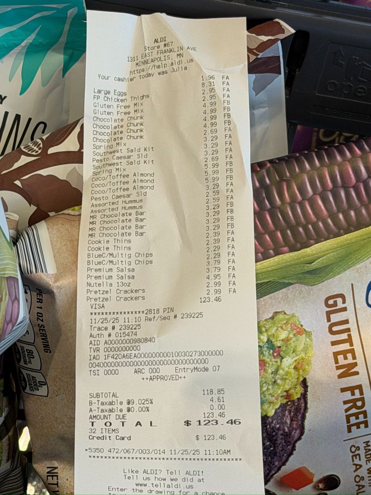 Paper receipt from ALDI on Franklin Avenue in Minneapolis. Total receipt is $123.46.
