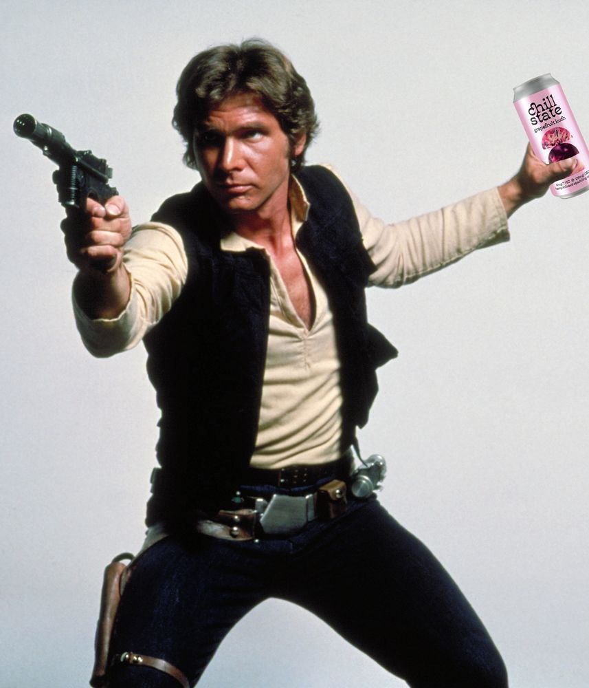 Han Solo pointing a blaster with a Fair State Chill State THC drink in his hand