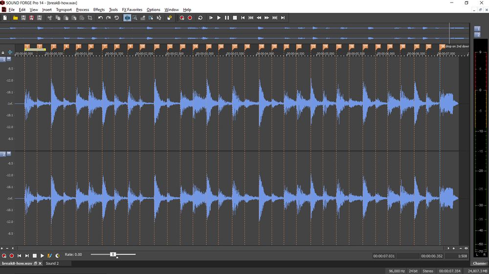 Screen shot of a 4 bar breakbeat in Sound Forge