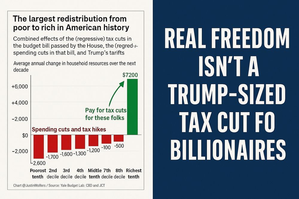 Graphics showing: "The largest redistribution of wealth from the poor to the rich in American history," and "Real Freedom Isn't a Trump-Sized Tax Cut for Billionaires."