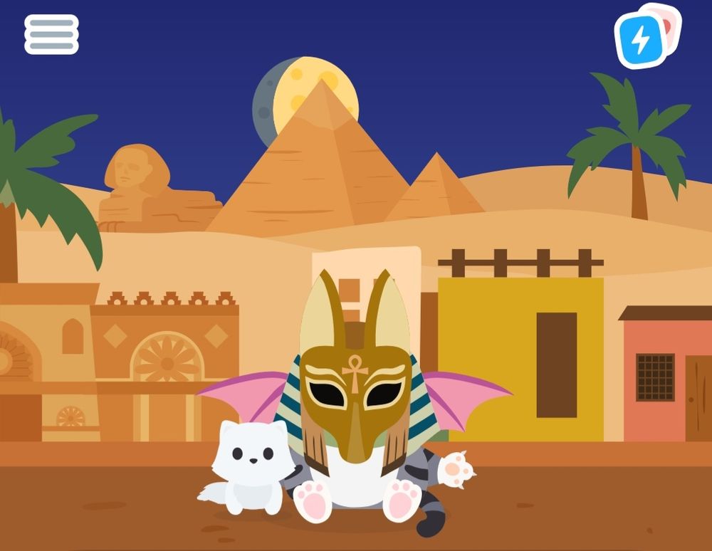 A screenshot of the Finch app depicting a bird in a cat costume wearing an anubis mask and pink dragon wings. Next to them is a little white fox. They both sit in Egypt in front of the pyramids at night while the moon sets.