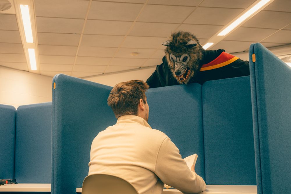 A person in a wolf mask is peering over a desk looking at a man reading a book. 