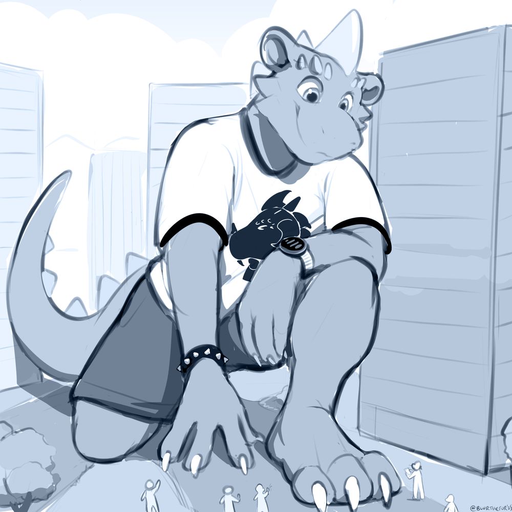 The kobold skateboarder Lank, grown hundreds of feet tall into his Kolossus celebrity persona, kneels in a park between tall buildings to interact with fans that stand no taller than his toes. The scene is casual despite his scale: wearing one of his branded t-shirts and shorts, he smiles while looking down at the crowd and acts relaxed as his arm rests on his knee.