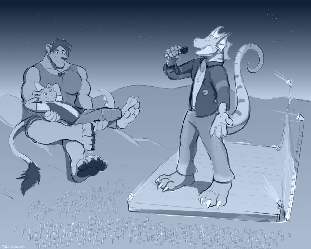 Ray Del Ociano, a seahorse singer, stands as a giant atop a stage singing to both an audience of normal-sized listeners and to an equally gigantic lion Bigby and kobold Lank. Lank is reclining in Bigby's lap and arms.