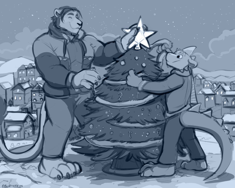 Bigby the lion and Lank the kobold have been enlarged to easily decorate a massive Christmas tree in a snow-covered town center.