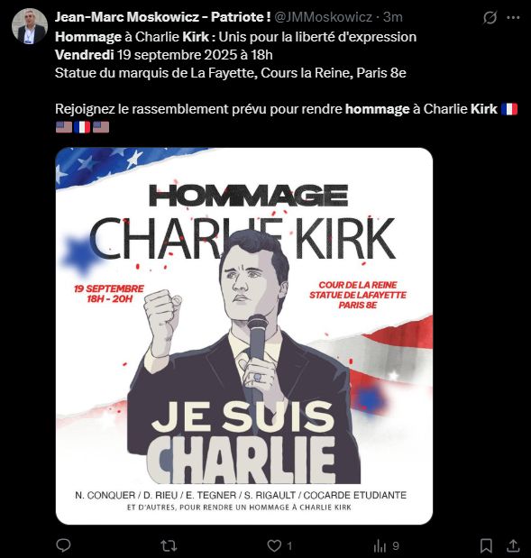 Tweet de Jean-Marc Moskowicz, du parti d'extrême-droite Reconquete (Zemmour) : "Hommage à Charlie Kirk : Unis pour la liberté d'expression"
