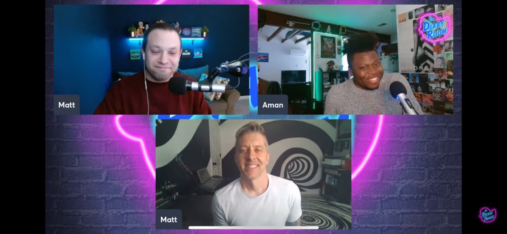 Screen shot of the diary room podcast with matt, aman, and matt Hoffman, whose office has black and white spiral walls and floor. 