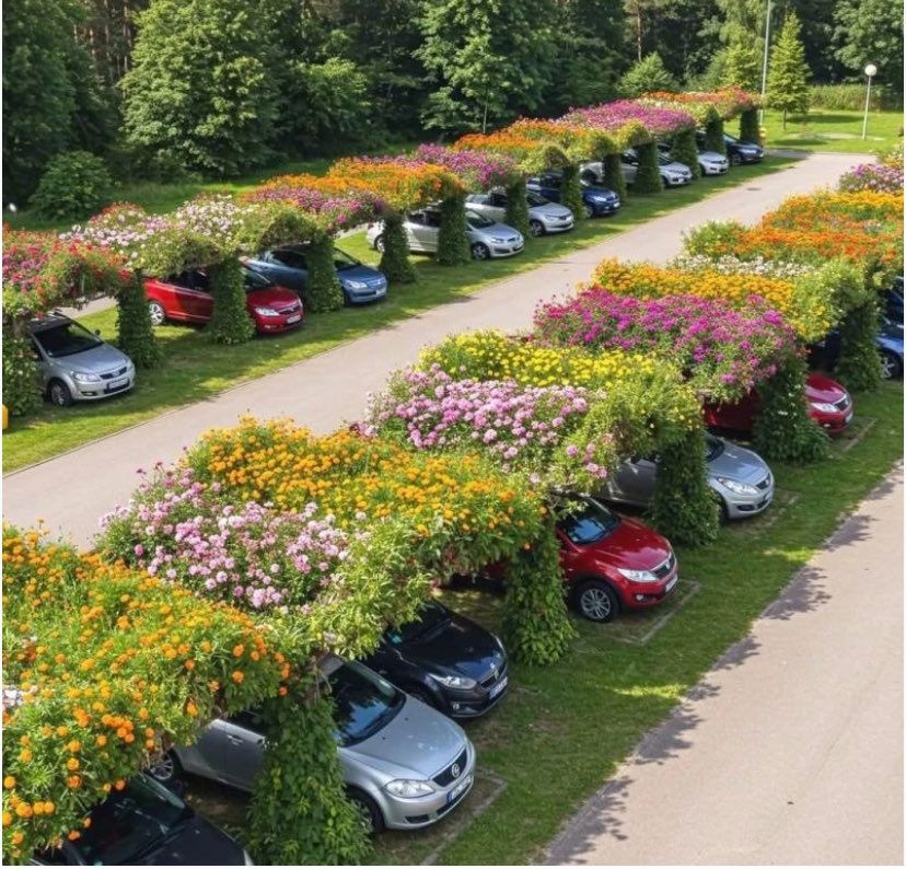 Auto's parkeren onder dakjes met planten erop.