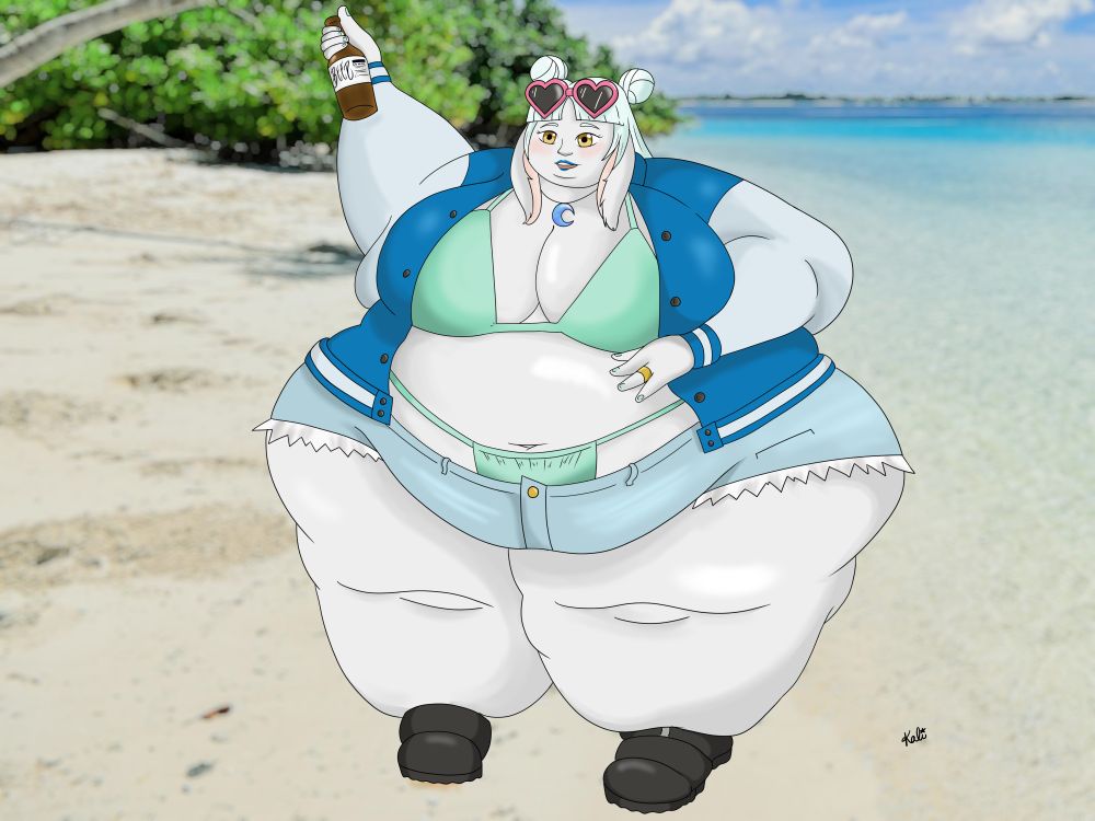 An impossibly obese rabbit woman wearing a sporty jacket and bikini with jean shorts raising a beer at the beach