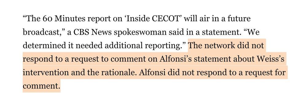 Washington Post reporting that CBS did not respond for comment to the letter from reporter Alfonsi. 