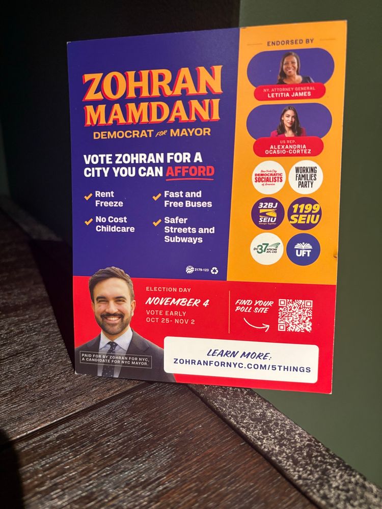 Zohran Mandani for mayor placard. 