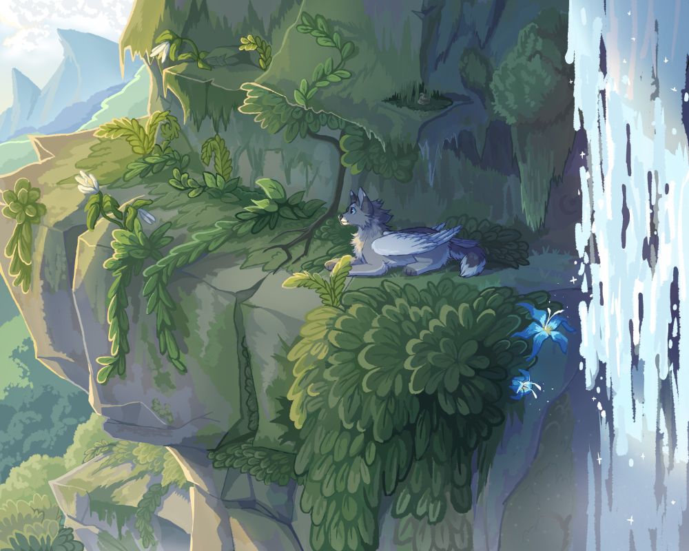A rocky waterfall with much plant growth and a mountain in the background. A gray wolf with wings on its back lays on a rock in the center.