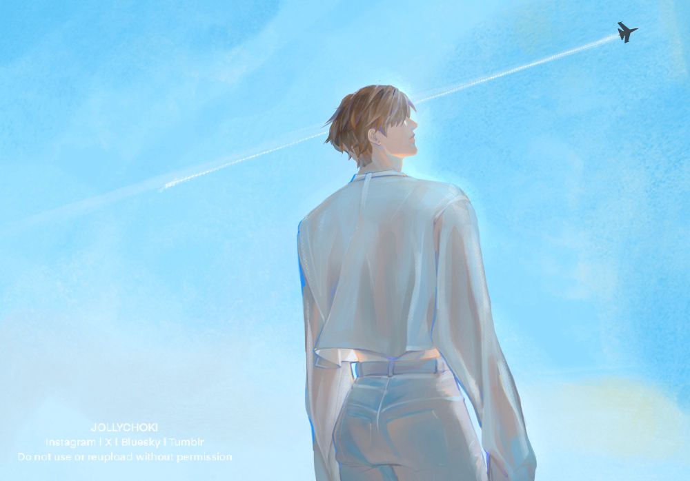 Love and deep space Caleb with back facing towards viewer as he looks at a jet plane flying across the sky