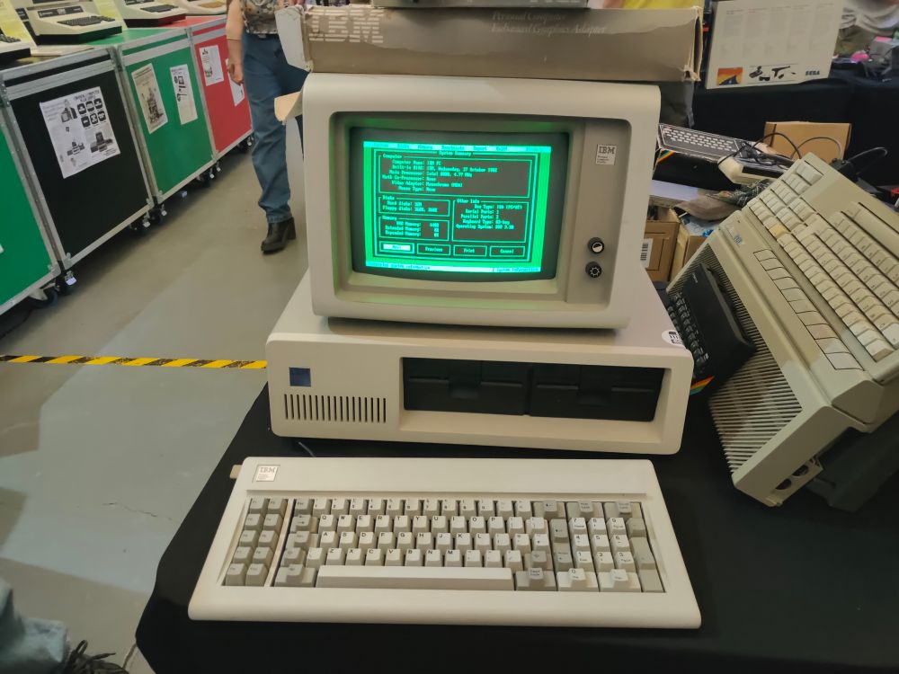 An immaculate IBM 5150 with green CRT monitor at the Centre for Computing History's Bring and Byte sale.
