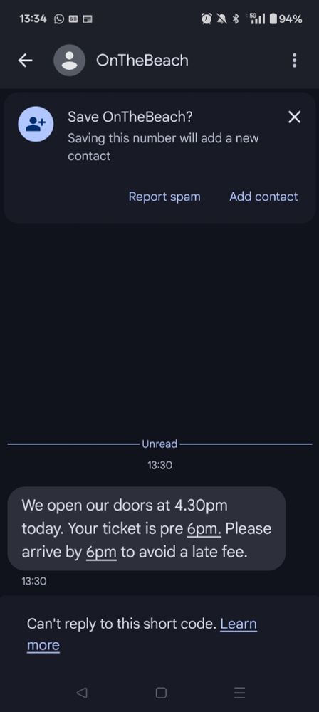 Delightful text message trying me I'll be charged a "late fee" for dating to arrive after 18:00, when last entry is 20:00.