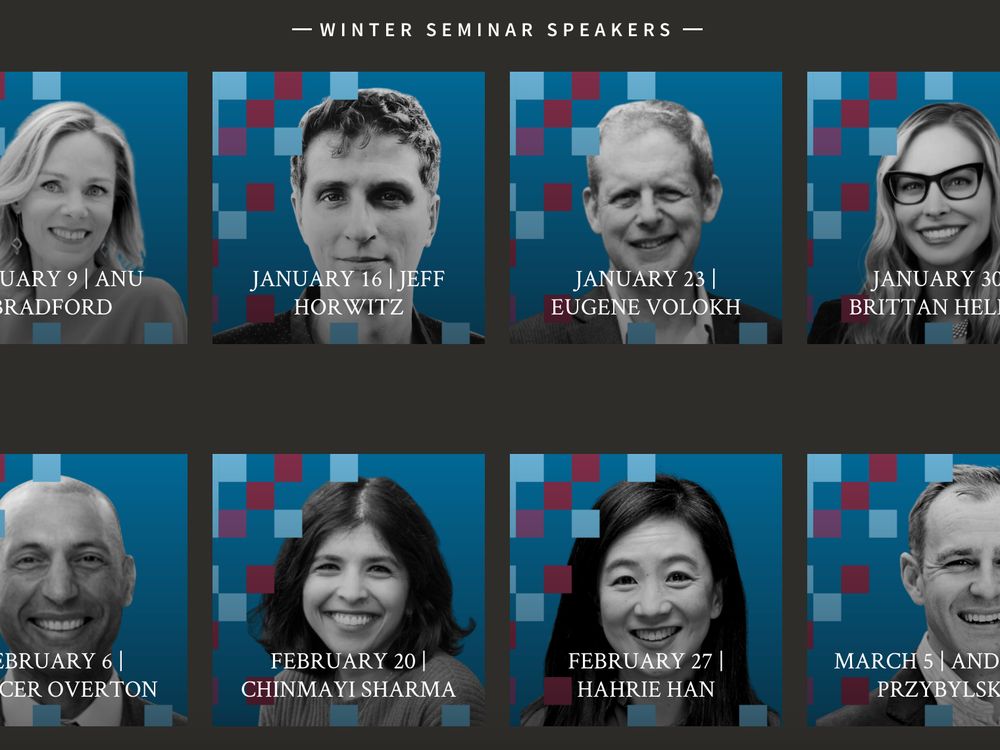 Collage of speaker photos on blue background, with text reading winter seminar speakers