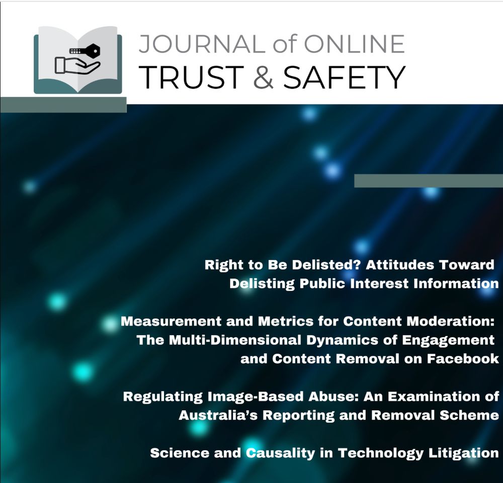 Cover art of the Journal of Online Trust & Safety showing an abstract blue background of light trails and titles of articles