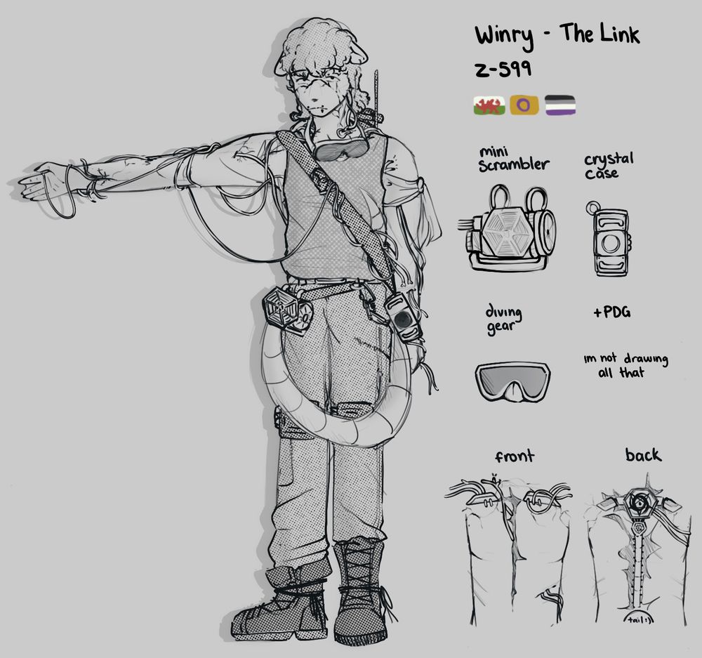 a greyscale drawing of a human character with his right arm held out to display cables poking out of his flesh. he has dense curly hair and small downturned possum ears. his face looks tired. he has a possum tail curled around his legs. cables criss-cross his body and tangle around a cross body bag. next to the art is the text "Winry - The link Z-599" and several diagrams of items from the game Pressure: a scrambler, crystal case and diving mask. 