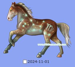 a drawing of a horse. it has a white mane and tail, and its body is a gradient from warm brown along its back to beige to olive green at the feet. it has a green virgo symbol on its thigh and green stars make up the virgo constellation along its body
