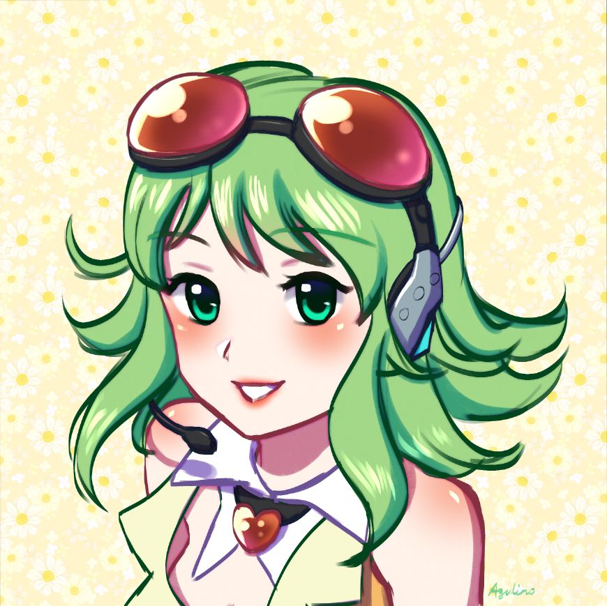 Portrait of GUMI, a girl with short, wavy green hair, and big red goggles on her head attached to her headphones.