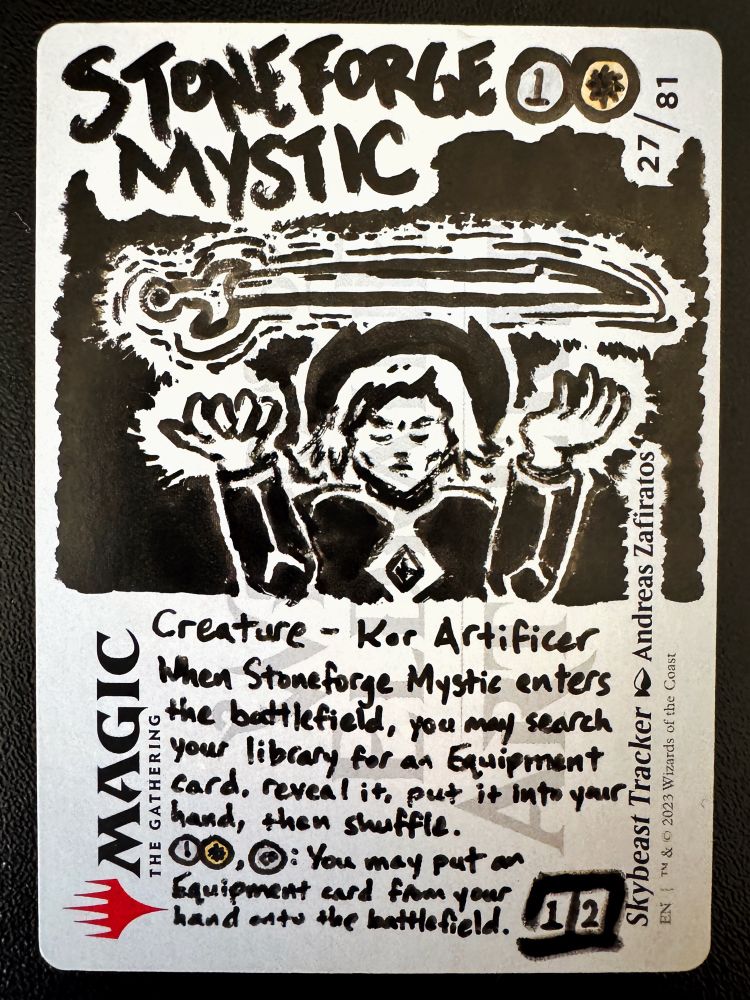 Ink drawing of Stoneforge Mystic. An elfish looking person in deep concentration wearing some kinda big pilgrim hat levitates a sword overhead, mystically.