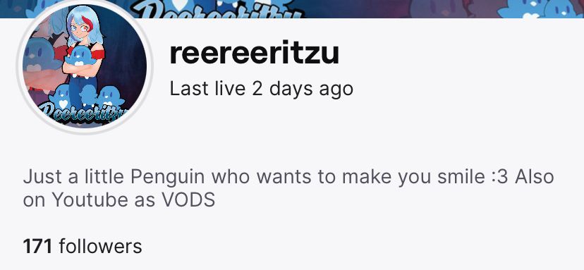 Twitch: reereeritzu
Twitch followers at 171