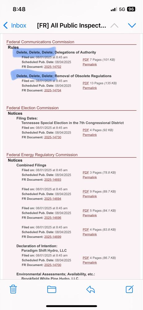 Page of the Federal Register notices for public inspection. The entries for the FCC both start with “Delete, Delete, Delete.”