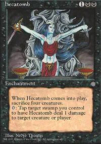 A Black Magic the Gathering cards. The card is Hecatomb and costs one colorless and two swamps to cast. It is an enchantment. The white snowflake symbol at the middle right edge shows it is from the set Ice Age. The picture is of a woman with dark hair wearing a red top and skirt standing in front of a pile of bones. She has two chalices of red liquid to her side and she is holding two daggers.

The text reads: “When Hecatomb comes into play, sacrifice four creatures. 0: Tap target swamp you control to have Hecatomb deal 1 damage to target creature or player”