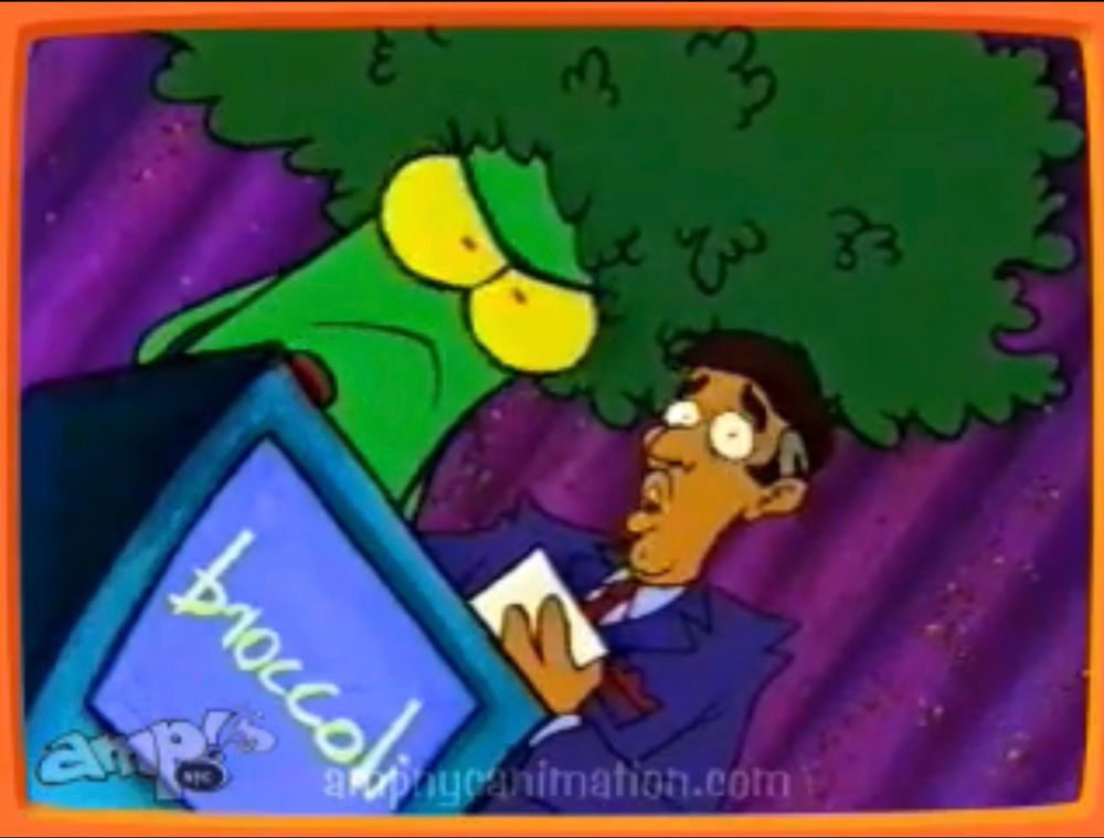 Screenshot from a cartoon sushi episode featuring an anthropomorphic broccoli standing in behind a game show podium, it has yellow eyes with red pupils and big bushy green hair. The name on the podium reads “broccoli.” 

An announcer with hair that is greying at the temples wearing a blue suit stand next to broccoli. 