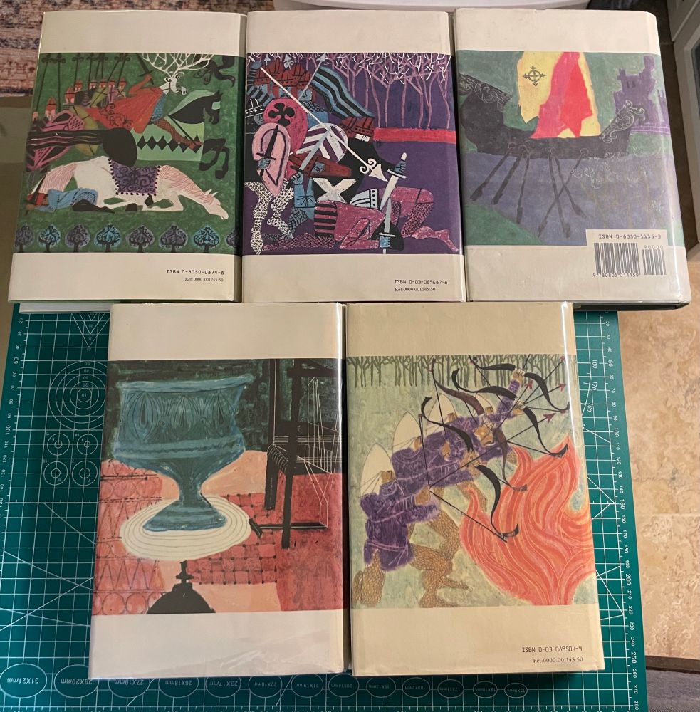 The rear covers, showing a man in a horned helmet and soldiers, and a horse on the ground, top left soldiers on a purple background, top middle, a black ship with oars in the water, top right, a green urn on a table, bottom left, and a row of soldiers with bows, bottom right 