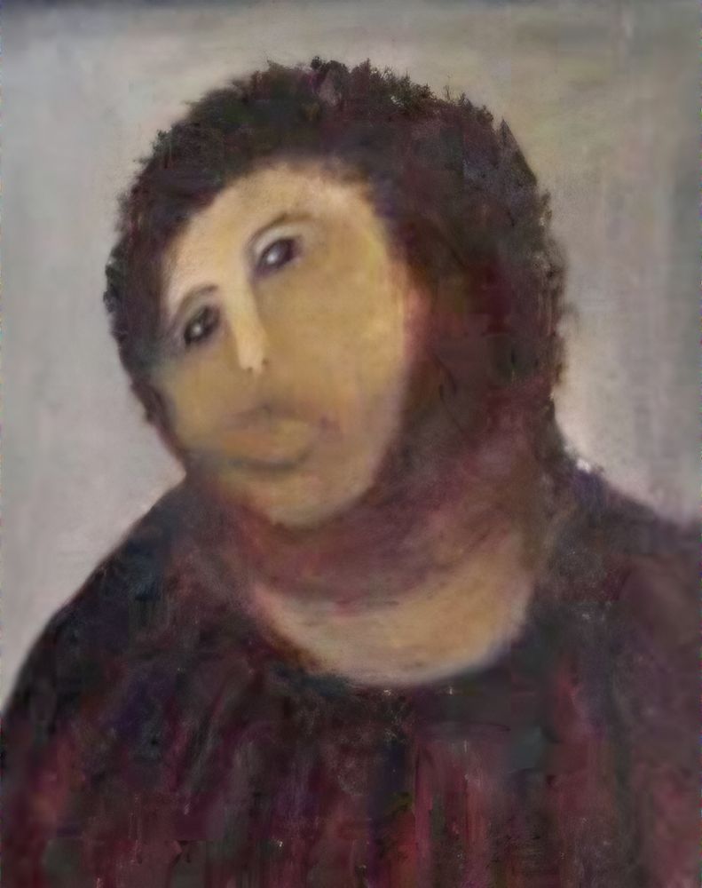 A smudged, blurred image of a fresco of Jesus looking more like a capuchin monkey 
