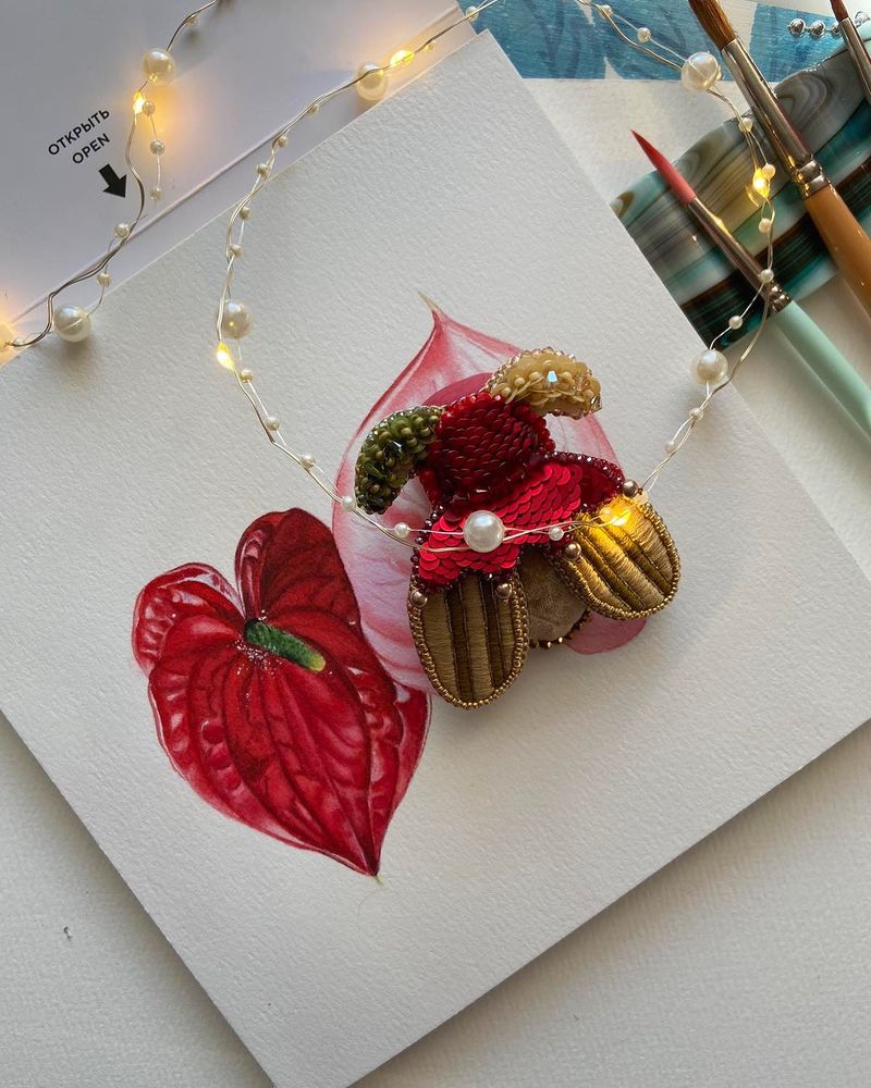 Jester beetle brooch on my friends watercolor drawing